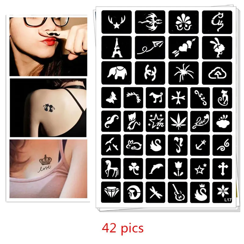 

42 pics Henna Party Tattoo Stencils DIY Jagua Drawing Templates Airbrush Mehndi Body Art Small Flash Tatoo Stencil C14