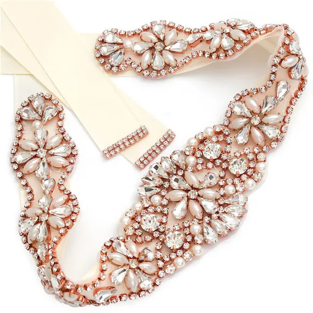 MissRDress Wedding Rhinestones Bridals Belt Pearls Crystal Bridal Belt Jeweled Bridal Sash For Wedding Dresses Pearl Belts JK806 Rose gold---navy