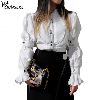 

Retro Puff Sleeve Blouse Shirt Women's Fashion New Design O Neck Single Breasted Shirts Office Lady Autumn Elegant Blouse Tops