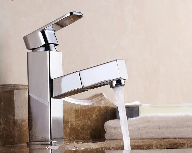

brass chrome finish hot and cold bathroom pull out shower head basin faucet sing tap square