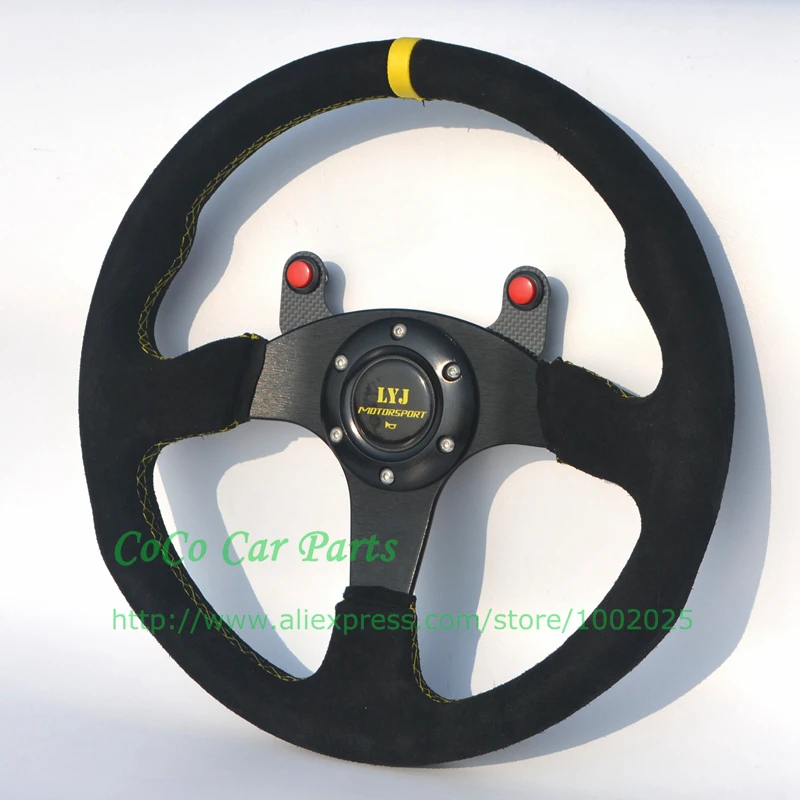 LYJ плоский гоночный руль 350 мм с кнопкой из настоящего углеродного волокна замшевый Автомобильный руль 14 дюймов