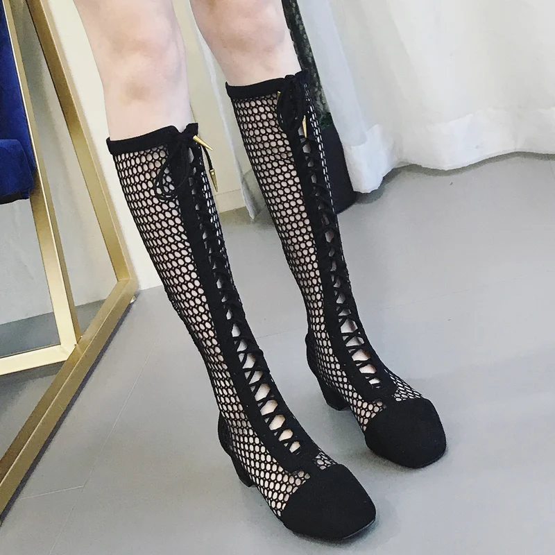 

Women's shoes Roman gladiator high tube cross straps fishnet stockings high heel thick with Baotou hollow women's cool boots
