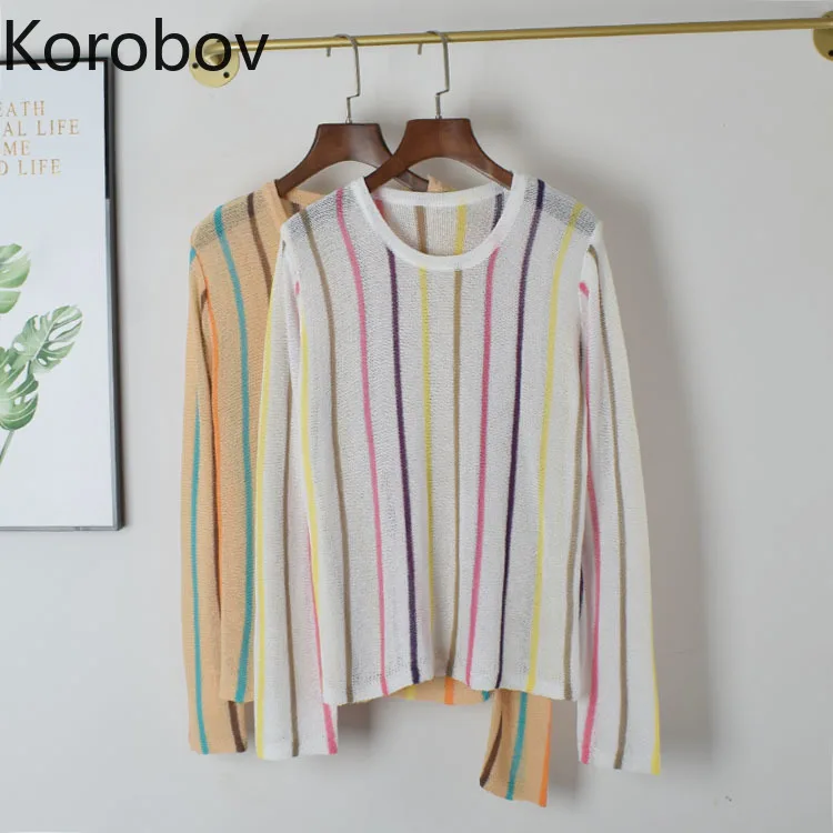 

Korobov New Striped Vintage Women Perspective Sweaters Korean Streetwear Long Sleeve Hollow Out Pullovers Knitwear 78526