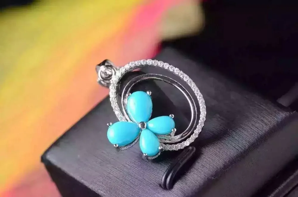 Натуральный подвески из бирюзы s925 стерлингового серебра с натуральным синие цветы с камнями круглая подвеска с черным коженным ремешком для женщин ожерелье прилагается