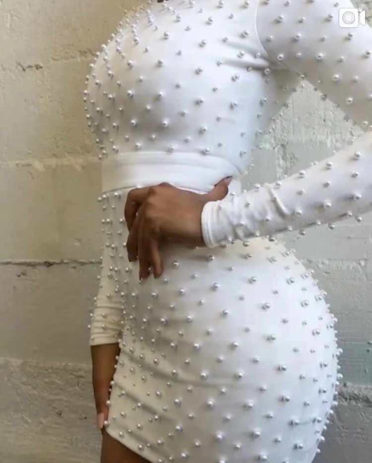 

2018 New Arrival white Beading Women high quality O-Neck long sleeve Celebrity evening party Bandage Vestidos dresses wholesale
