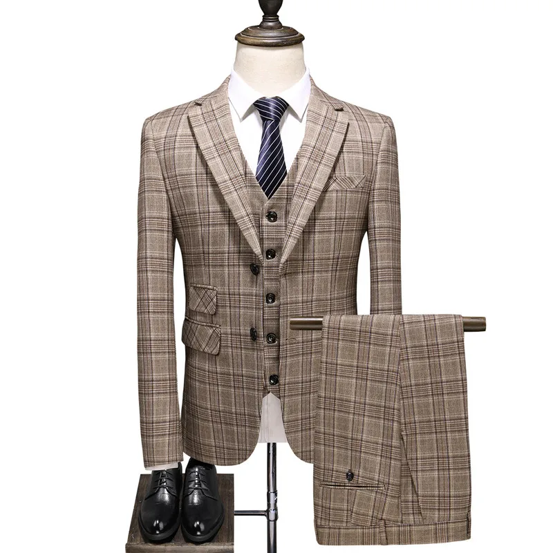 

Men's Business English Khaki Official Plaid Slim Single-breasted Slim Banquet Custom Suit Set 3pcs (blazer+ vest + pants) 5XL