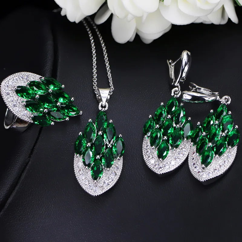 

green earring and pendant necklace,ring flower shape pendant necklace for women gift