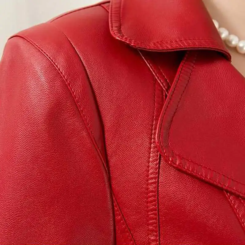 Высокое качество весна осень среднего возраста короткие кожаные пальто женские лацканы с длинным рукавом плюс размер тонкий pu кожаный пиджак AE606
