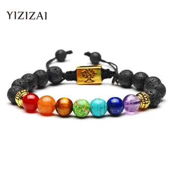 Handmade 7 Chakra Tree Of Life Charm Bracelets Lava Stones Beads