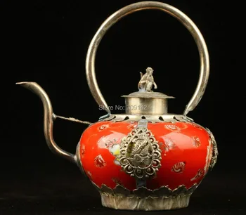 

Decoration Collectibles HANDWORK TIBET SILVER WITH RED CERAMIC MONKEY TEAPOT Handwork Statue Tibet Miao Antique Old Silver