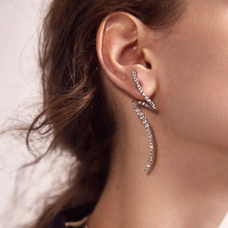 

Korean Temperament Personalized Jewelry Curved Long Fashion Inlaid Zircon Exaggerated Earrings For Women