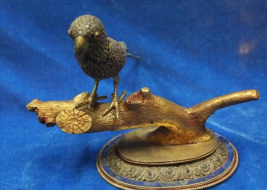

R0720 Details about 7"Chinese Costful handwork carving Pure Silver 24K Gold Gem Bird Statue