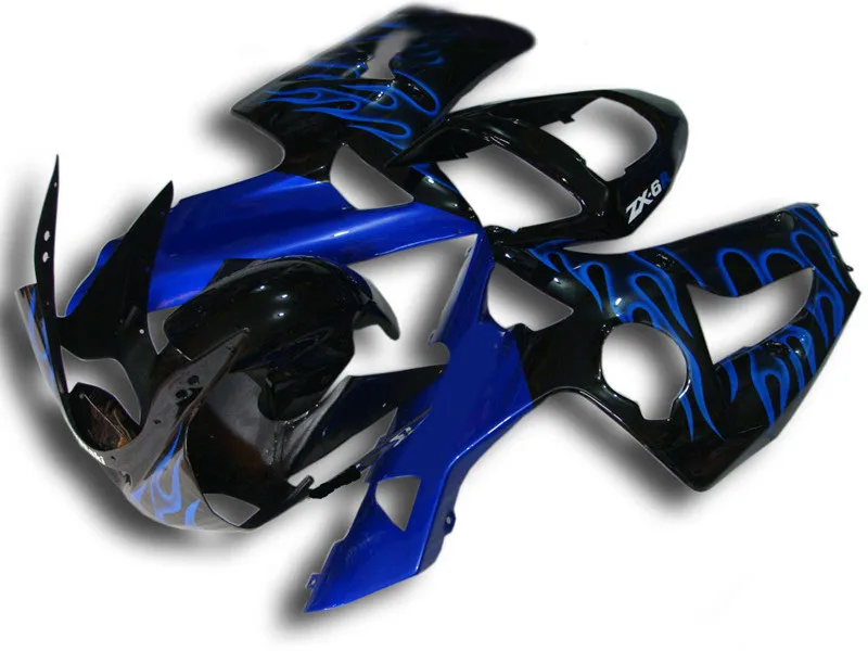 

Motorcycle Fairing Kit for KAWASAKI Ninja ZX6R 636 03 04 ZX 6R 2003 2004 zx 6r ABS blue flames black Fairings set+7gifts KW31