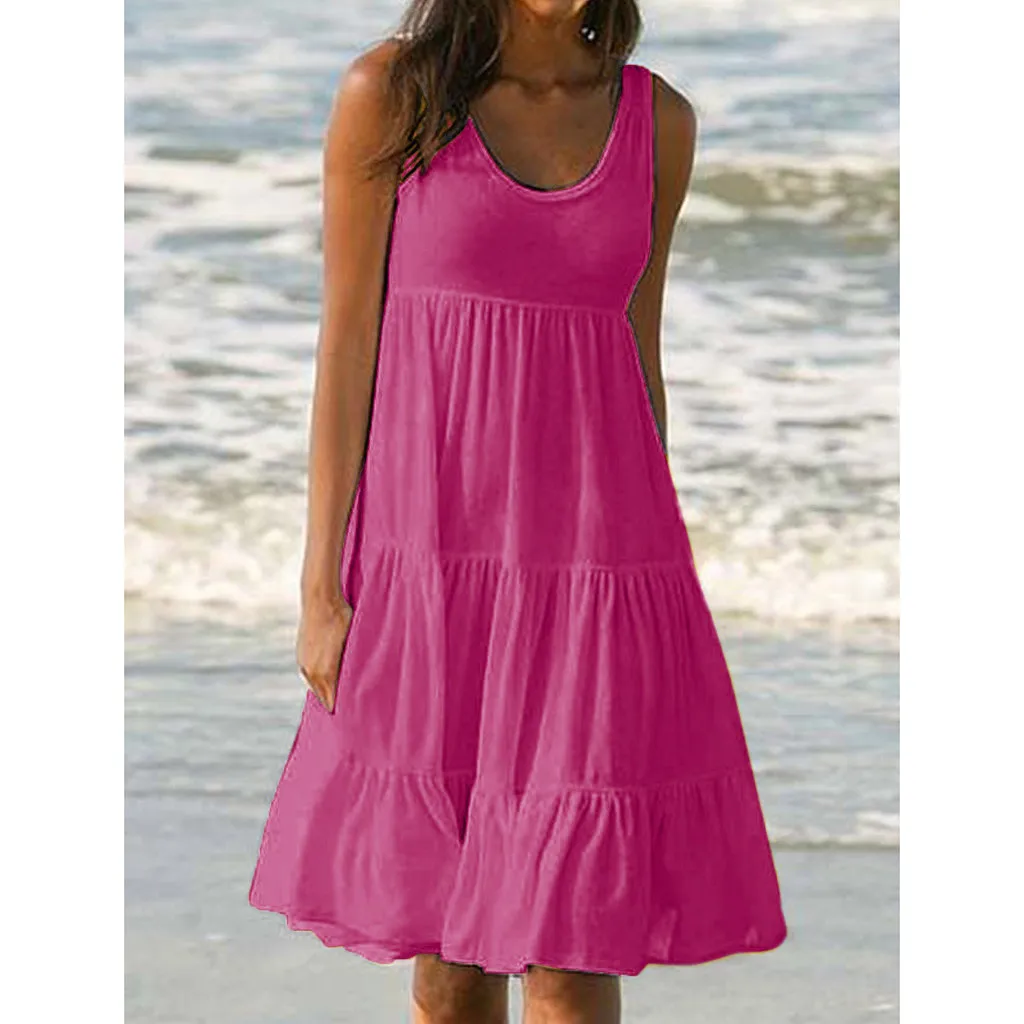 

Womens Sexy Dress Casual Holiday Daily Summer Solid O-Neck Sleeveless Pleated Party Beach Loose Dress Vestido de cor sólida #E