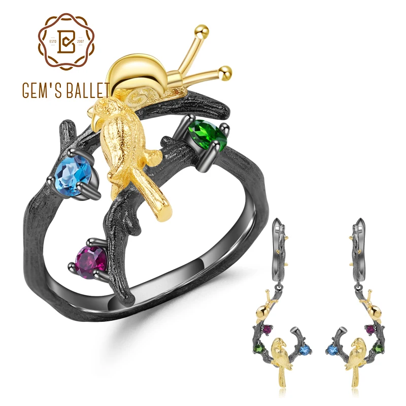 GEM'S BALLET 925 Sterling Silver Handmade Snails &amp Bird Jewelry Set Natural Topaz Garnet Ring Earrings Sets For Women | Украшения и