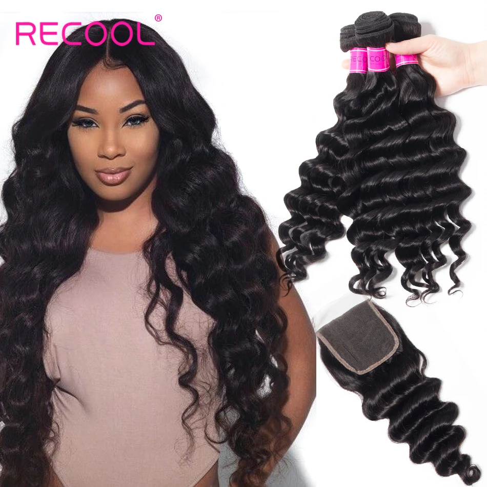 

Recool Hair Loose Deep Wave Bundles With Closure Remy Brazilian Hair Bundles With Closure Human Hair Weave Bundle With Closure