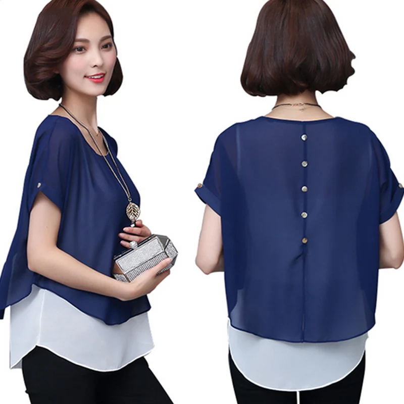 Women Blouses 2017 New Summer Women Short Sleeve Blouse Fake Two Pieces Fashion Chiffon Blouse Casual Shirt Tops blusas feminino