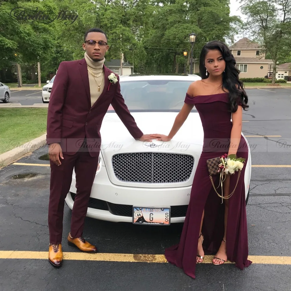 

Elegant Off the Shoulder Burgundy Side Split Prom Dresses 2019 Simple Boat Neck Satin Long African Plus Size Formal Party Gowns