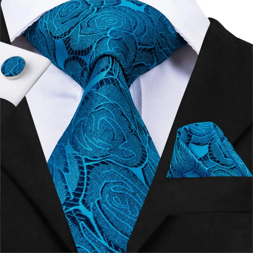 Hi-Tie Ties for Men 100% Silk Blue Floral Gravatas Neckties Pocket Square Cufflinks Set Men