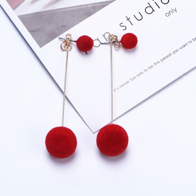 Statement Red Black Fashion Plush Ball Earrings For Women Korean Velvet Round Tassel Long Earrings Gift Jewelry