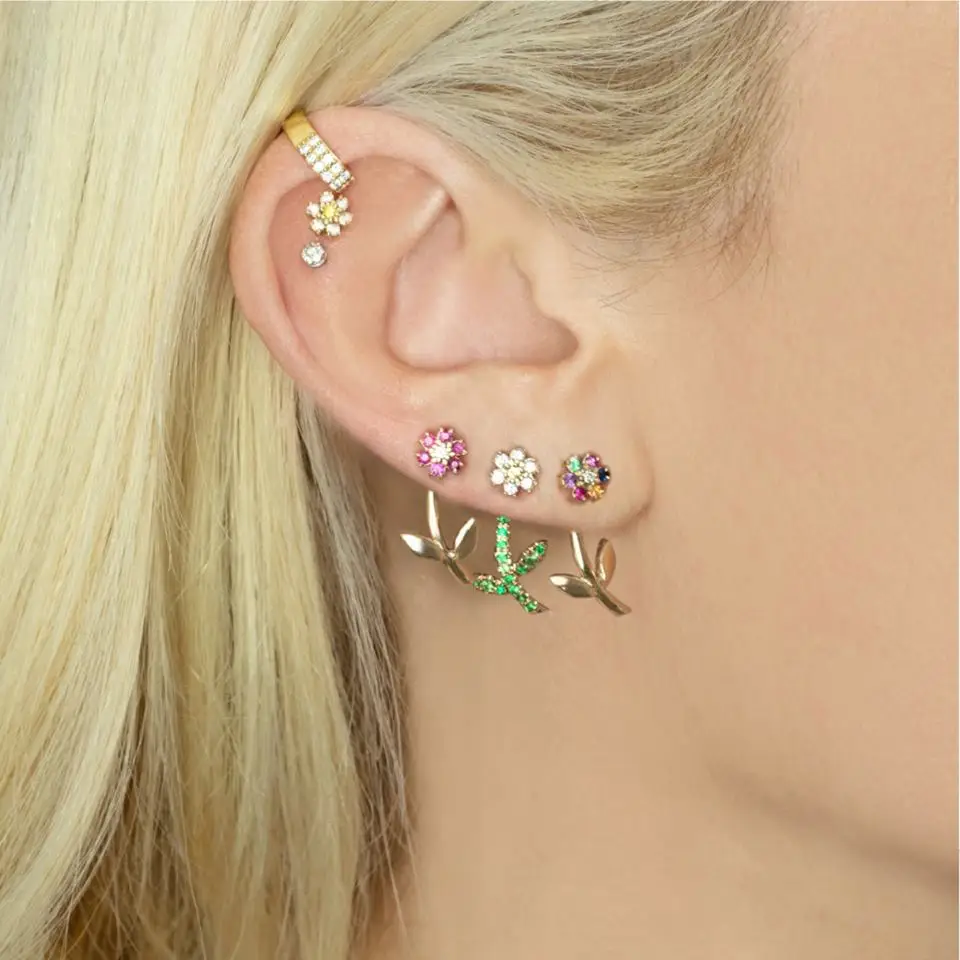 Новая мода Brincos Радуга Красочные cz цветок лист Двухсторонние серьги гвоздики для женщин минимальный тонкий элегантные ювелирные изделия