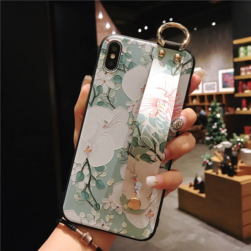 2 SoCouple Wrist Strap Phone Case For iphone 7 8 6 6s plus Case For iphone X Xs max XR Relief Flower Floral Pattern Soft TPU Case