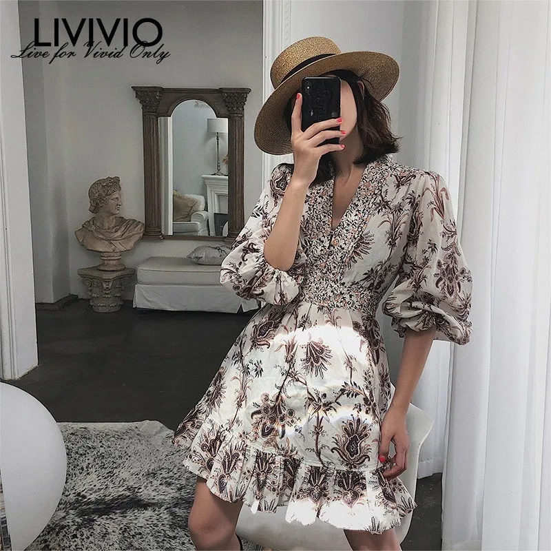 

[LIVIVIO] Print Boho V Neck Puff Sleeve High Waist Ruffle A-line Mini Dress Women 2019 Autumn Female Fashion Clothing New