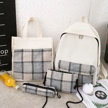 

4Pcs Women Plaid Canvas Hand Bag Shoulder Bag Cosmetic Bag Pencil Case Package