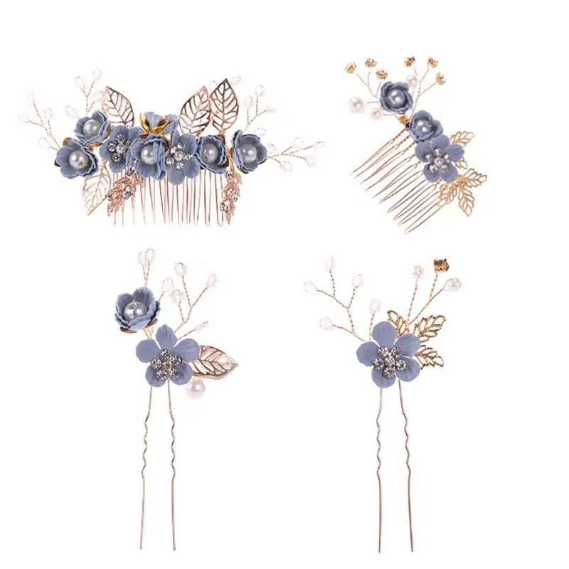 

1 Set Hair Comb Hairpins Blue Handmade Flower Pearl Golden Leaf Wedding Bride Headwear Decoration Headdress Sticks Gifts W15