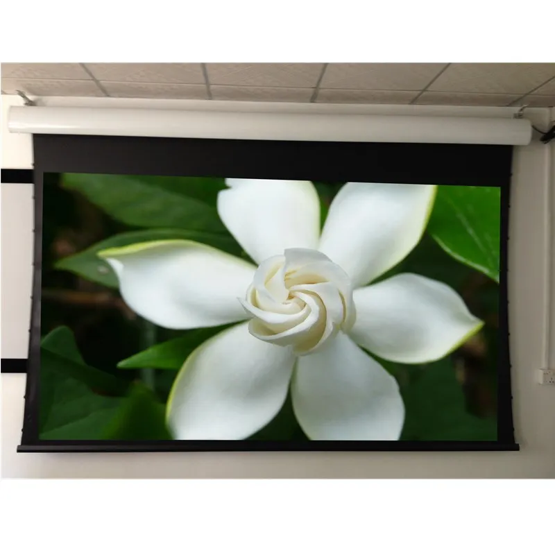 

China Factory directly sales 100" 2.35:1 Motorized Tab-tensioned Screen with Acoustically Transparent Woven Fabric