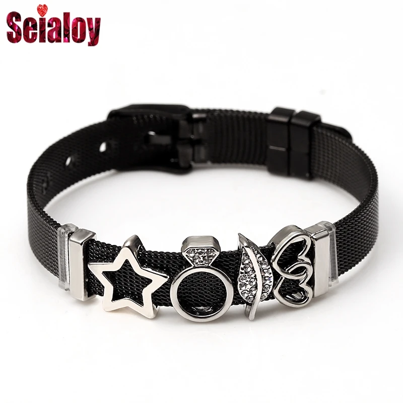 

SEIALOY New Black Stainless Steel Mesh Bracelets For Women Men Stars Leaves Double Hearts Brands Charm Bracelets Jewelry Gift