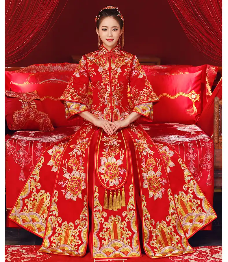 Vestido De Novia Rojo Boda China Estilo Tradicional Qipao Bordado Largo Para Mujer Talla S 3xl Aliexpress