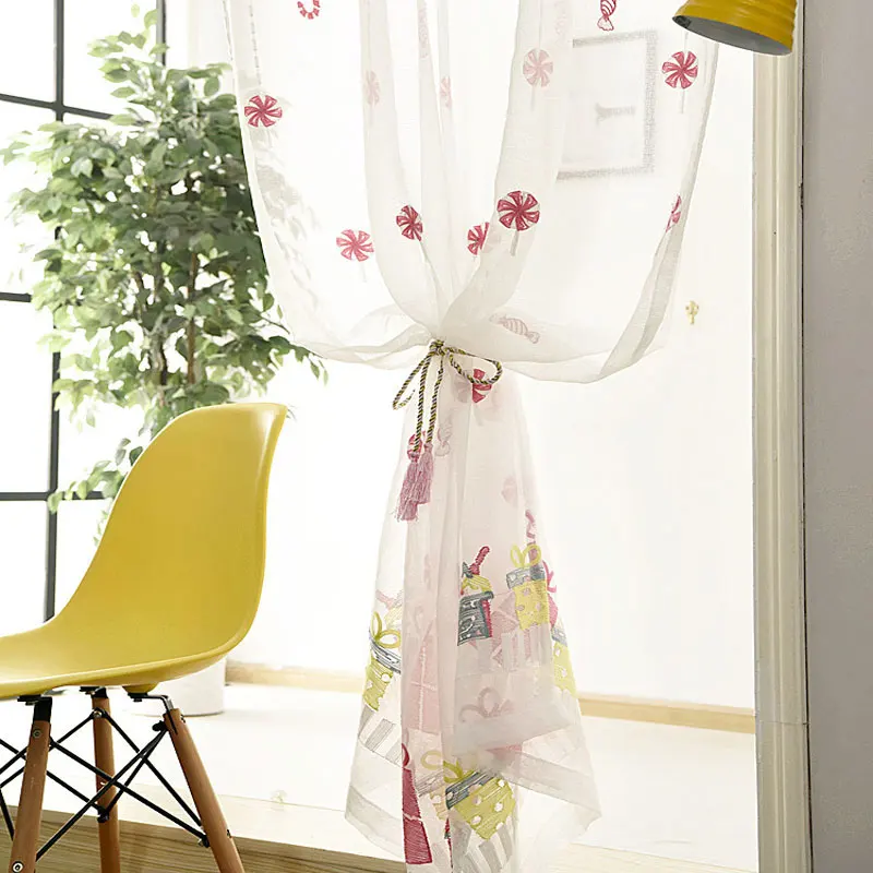 

White Window Embroidery Curtain For Christmas Party Decoration Tulle Drapes Pink Candy Gift Box Sheer For Kid's Bedroom