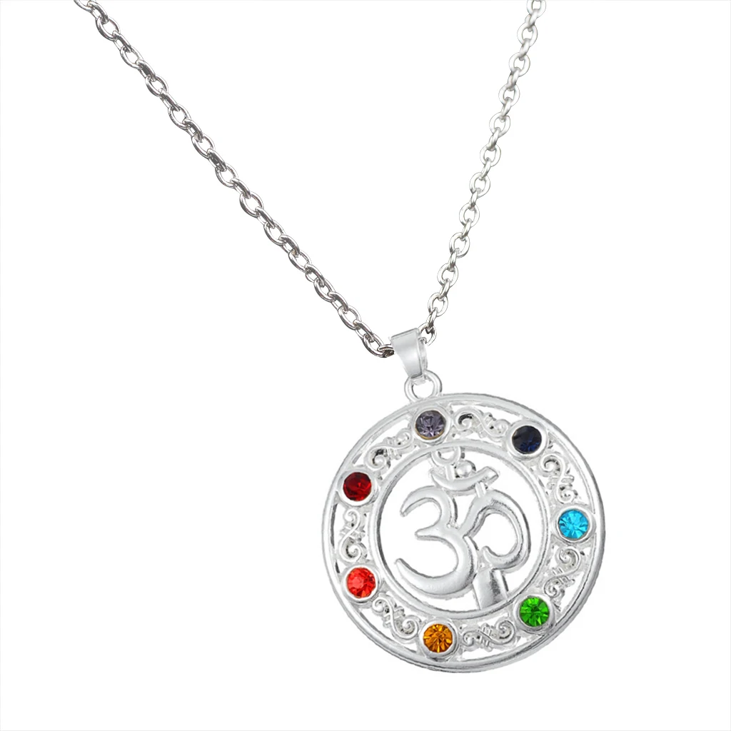 Colorful Rhinestone Om Aum Symbol Pendant Hindu Yoga Necklace Men Women