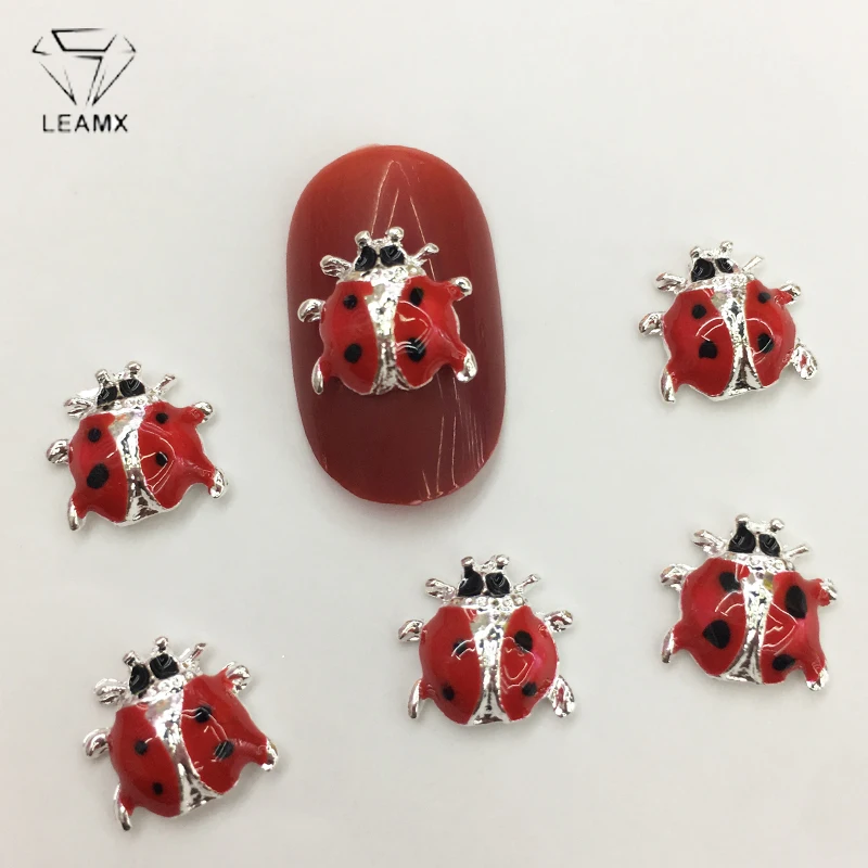 

LEAMX 10 PCS/bag 3D Insect Ladybug Nails Art Decorations Silver Metal Drop Oil Charms Nail Jewelry Enamel Nail Decor L432