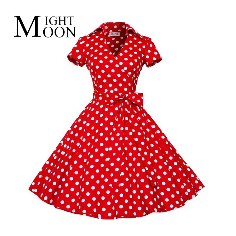 

MOONIGHT Women Retro Dress Vintage Rockabilly Swing Vestidos V Neck Short Sleeves Dot Print Retro Summer Dress