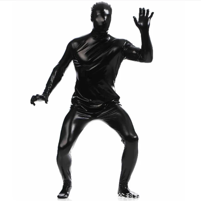 Высокое качество мужские латексные костюмы Zentai из ПВХ блестящий металлический