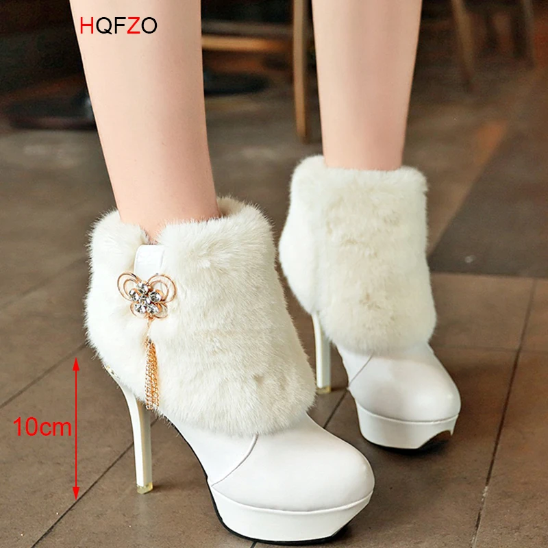 HQFZO Women Short Boots Faux Fur 10cm Stiletto Heel Crystal Platform Ankle Boots Winter Women