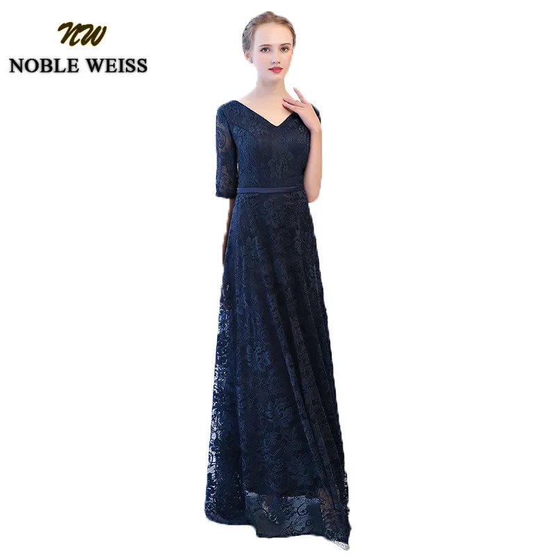 NOBLE WEISS Luxury Navy Blue Lace Evening Dresses Sexy V-neck Long Floor Length Robe De Soiree A-line Tulle Party Prom Gowns | Свадьбы и