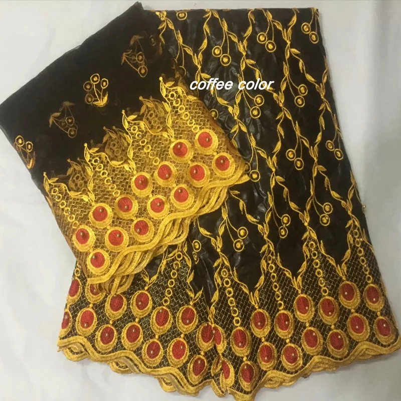 

Free shipping (5+2 yards/set) coffee color African bazin lace fabric with beautiful embroidery plus blouse lace for dress BZL48