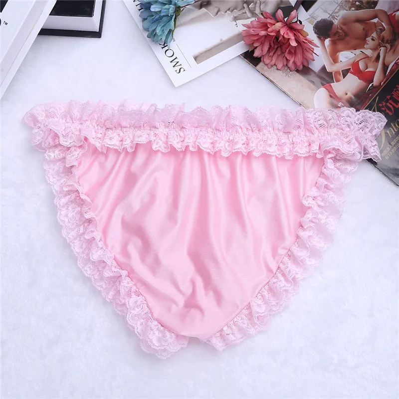 FREEBILY Elegant Men Lingerie Sissy Maid Floral Lace Soft Bikini Briefs Sexy Male Underwear Cute Gay Underwear Homme Underpants