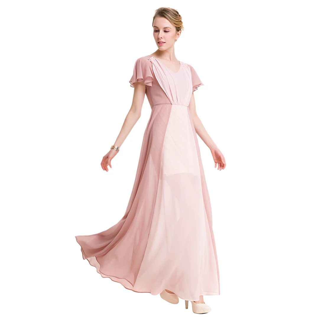 TFGS Original Design Women Long Chiffon Dress Patchwork Color Petal Sleeve V Neck Pleated Dress Casual