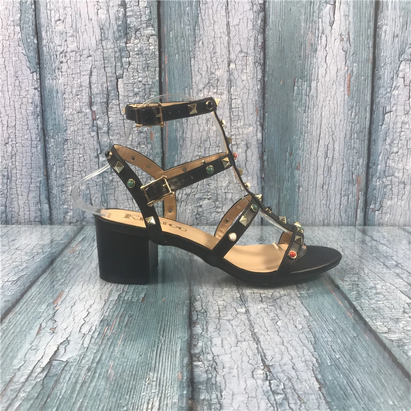 

Kmeioo US Size 5-15 New Fashion Ladies Sandals 2018 For Woman Rivets Studded Block Heel Gladiator Cut Out Open Toe Dress Shoes
