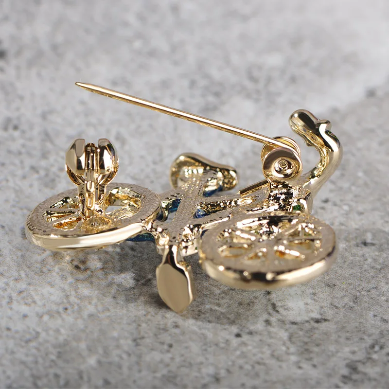 Blucome Fashion Blue Enamel Crystal Bike Brooch Gold Color Bicycle Corsage Women Men Kids Brooches Pins For Suit Scarf Sweater