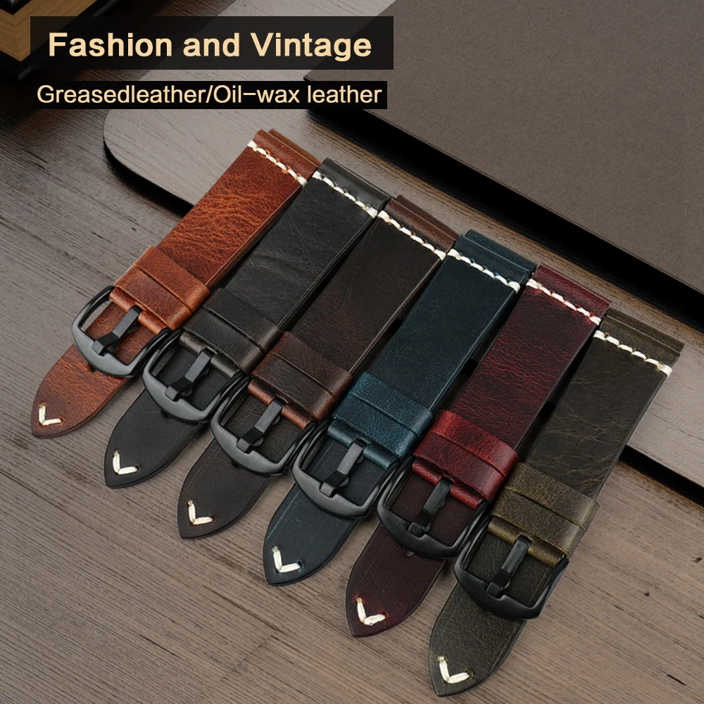 MAIKES Luxury Leather Watch Band with Steel Buckle - Retro Red Grain, 6 Color Options