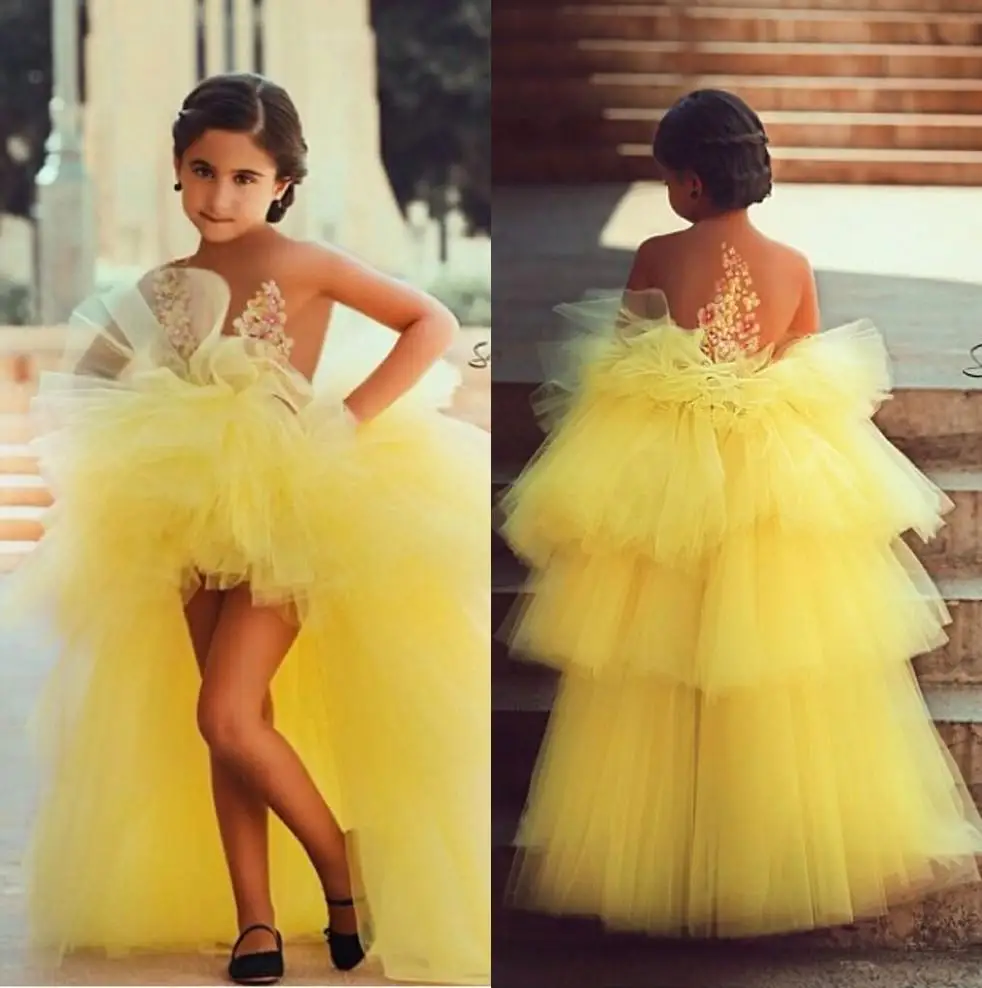 Yellow 2018 Flower Girl Dresses For Weddings Ball Gown Hi Low Tulle