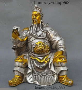 

wedding decoration 8"Old Chinese Silver Gilt Dragon Guan Gong Guan Yu Warrior God Read Book Statue Christmas
