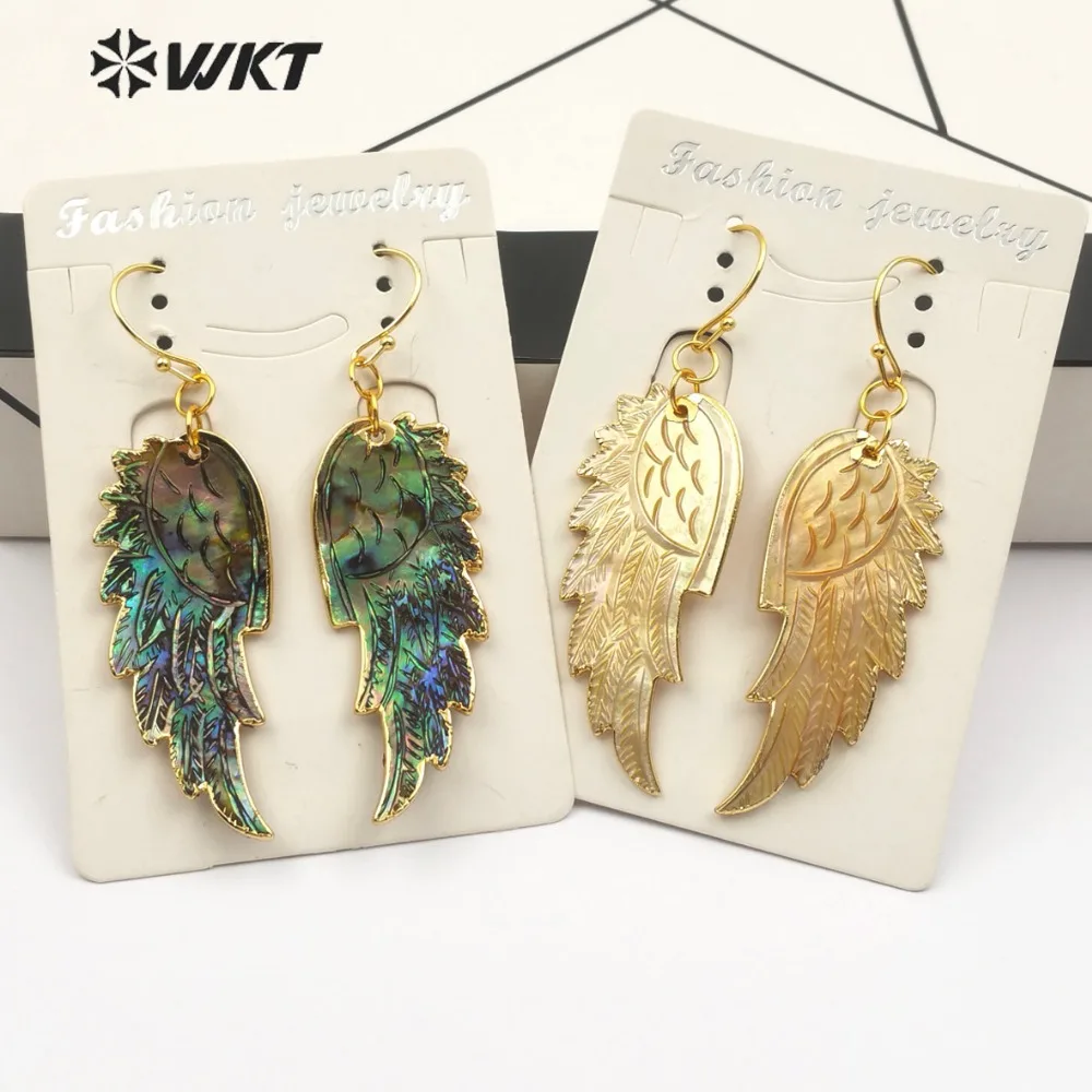 

WT-E242 Gold Shell Feather Earrings Black White Yellow Rainbow Grey Color Sea Shell Earring With Gold Trim Women Fashion Jewelry