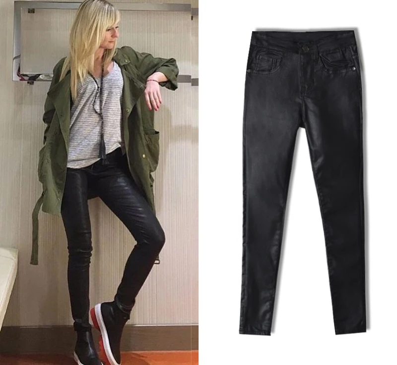 2017 New Hot Eu Models Women Sexy Slim PU Pockets Leather Pencil Pants Motor Style All-Match Fleece Trousers Slim Faux Leather (7)