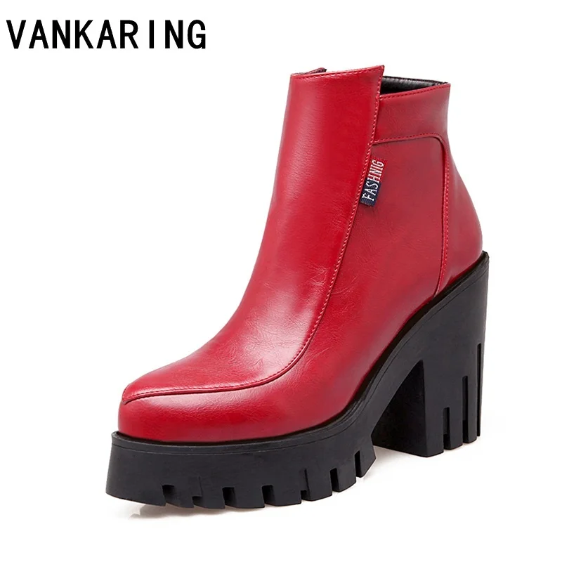 

VANKARING women ankle boots elegant warm winter boots women PU leather platform shoes woman thick high heeled snow riding boots